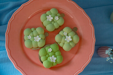 mini green mousse cake with white flowers on pink plate.