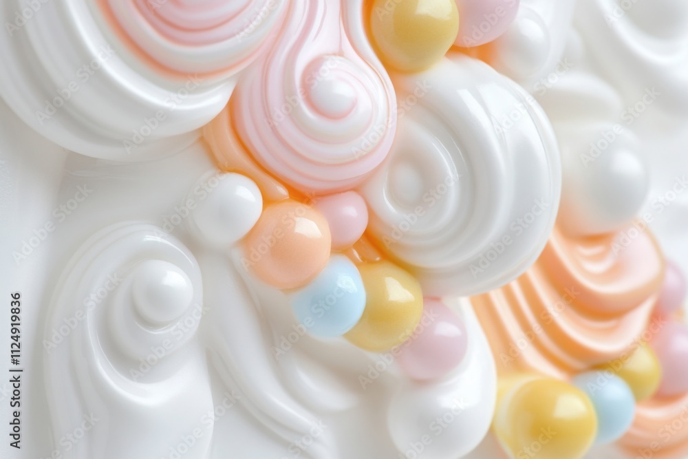 Poster abstract pastel-colored swirls and spheres intertwining with creamy white, creating a mesmerizing an