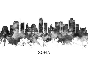 Obraz premium Sofia Bulgaria Skyline BW, cityscape landscape watercolor painting print poster abstract splash illustration urban art modern downtown landmarks skyscrapers