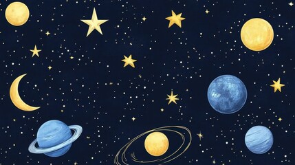 Celestial Bodies and Stars on a Deep Night Sky Background