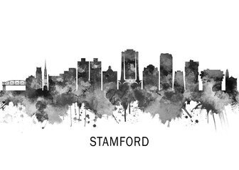 Fototapeta premium Stamford Connecticut Skyline BW, cityscape landscape watercolor painting print poster abstract splash illustration urban art modern downtown landmarks skyscrapers