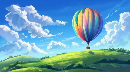 Fototapeta premium A colorful hot air balloon floating over lush green hills under a bright blue sky with fluffy clouds.