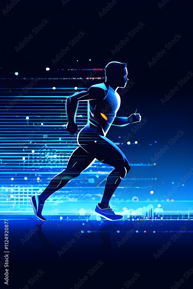 Poster illustration of a wave of data points shaping into a runner's silhouette, conveying speed and precis