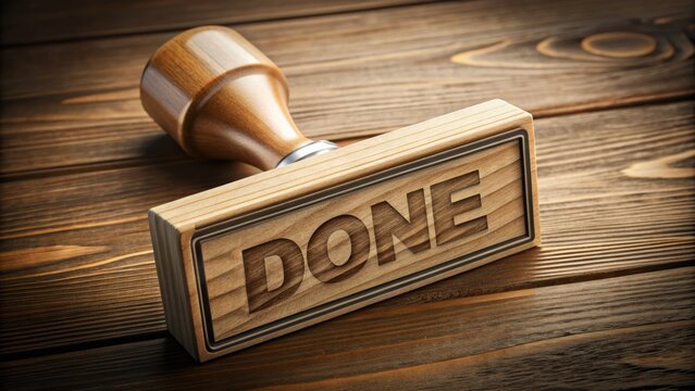 Minimalist Wooden Done Stamp, 3D Rendered Seal, Finished Project, Achievement Symbol, Success Mark