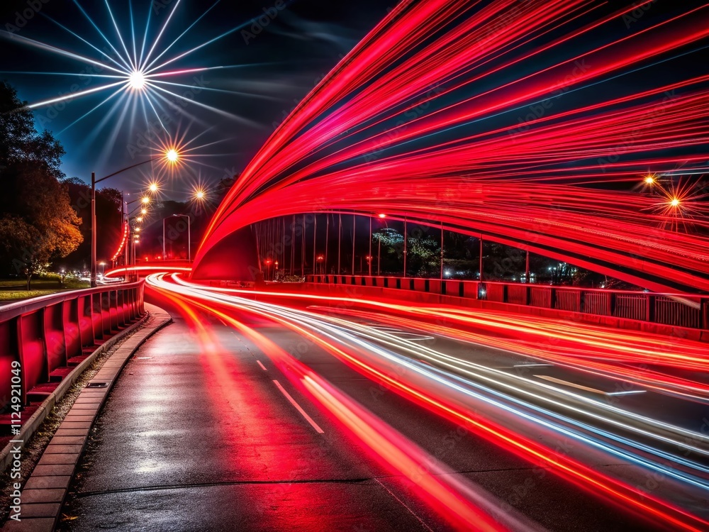 Poster captivating night photography of red light trails with slow shutter speed creating a tranquil three-