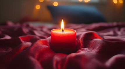 Cozy Red Candle on Knitted Blanket with Warm Golden Bokeh Lights in a Relaxing Atmosphere – Romantic Hygge-Inspired Decor