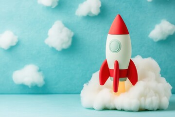 Colorful Toy Rocket Launching Among Soft Clouds in Sky Background