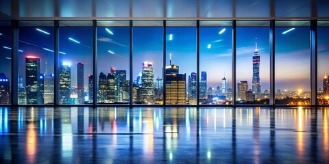 Modern Office Night Skyline Bokeh - Empty Polished Floor Large Windows City View