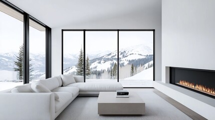 Cozy Scandinavian Living Room with Snowy Mountain Landscape View