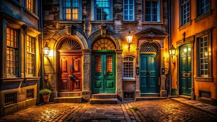 Obraz premium Night Photography: Mystical Door & Window Selection, Dark Ambiance, Architectural Details, Night Scene