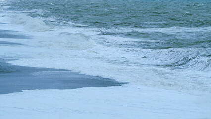 Vitality Of Blue Energy And Dark Water. Huge Sea Waves Crash Powerfully In Storm. Static.