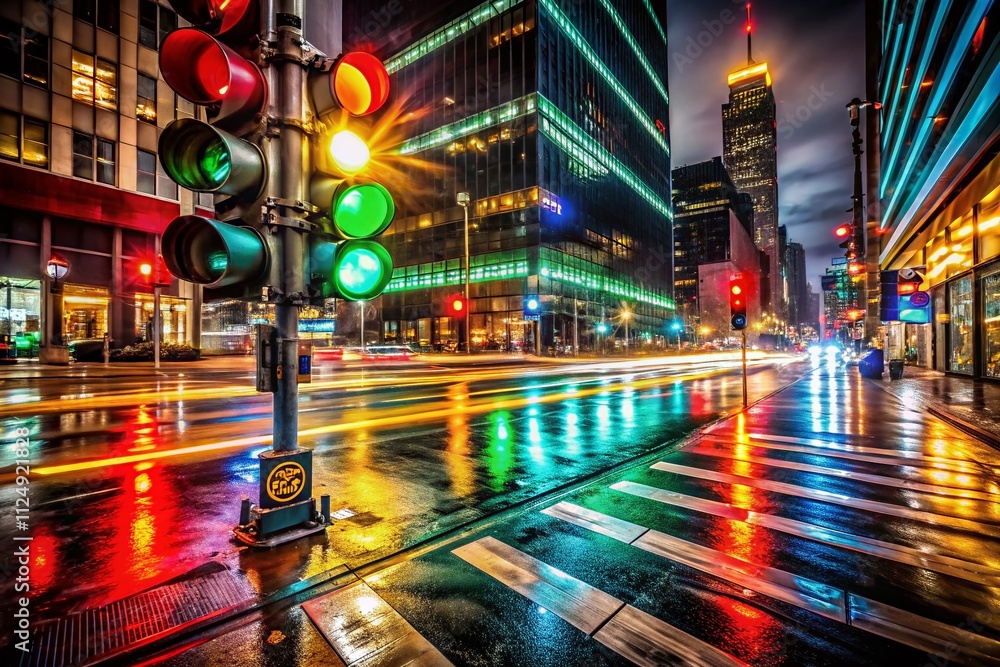 Poster captivating night photography of traffic signal lights illuminating an urban intersection with color
