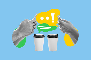 Composite trend artwork sketch image collage of two hands hold coffee cups smartphone speech bubble social interaction digital app chat