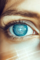 Blue human eye with embedded cybernetic digital elements symbolizing the fusion of machine and human interface.