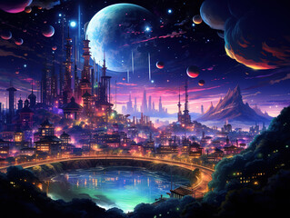 Obraz premium Superb Fantasy city at night with a full moon. 3D rendering
