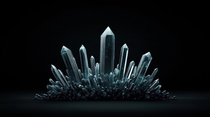 Crystal quartz symmetry concept. A cluster of crystalline structures with sharp edges glimmers against a dark background, creating a striking visual effect.