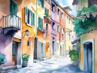 Fototapeta premium Watercolor painting, colorful buildings, cobblestone street.