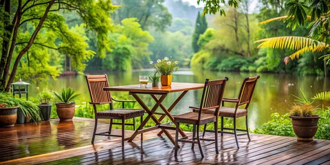 Obraz premium Rain-Soaked River View: Garden Furniture on Wooden Decking - Outdoor Patio Set Photography