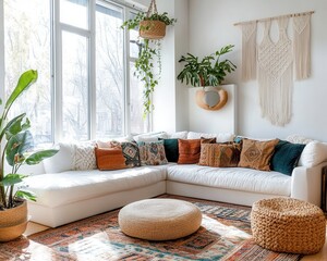 Layered Rugs and Macramé Art in Boho Living Room © InteriVio