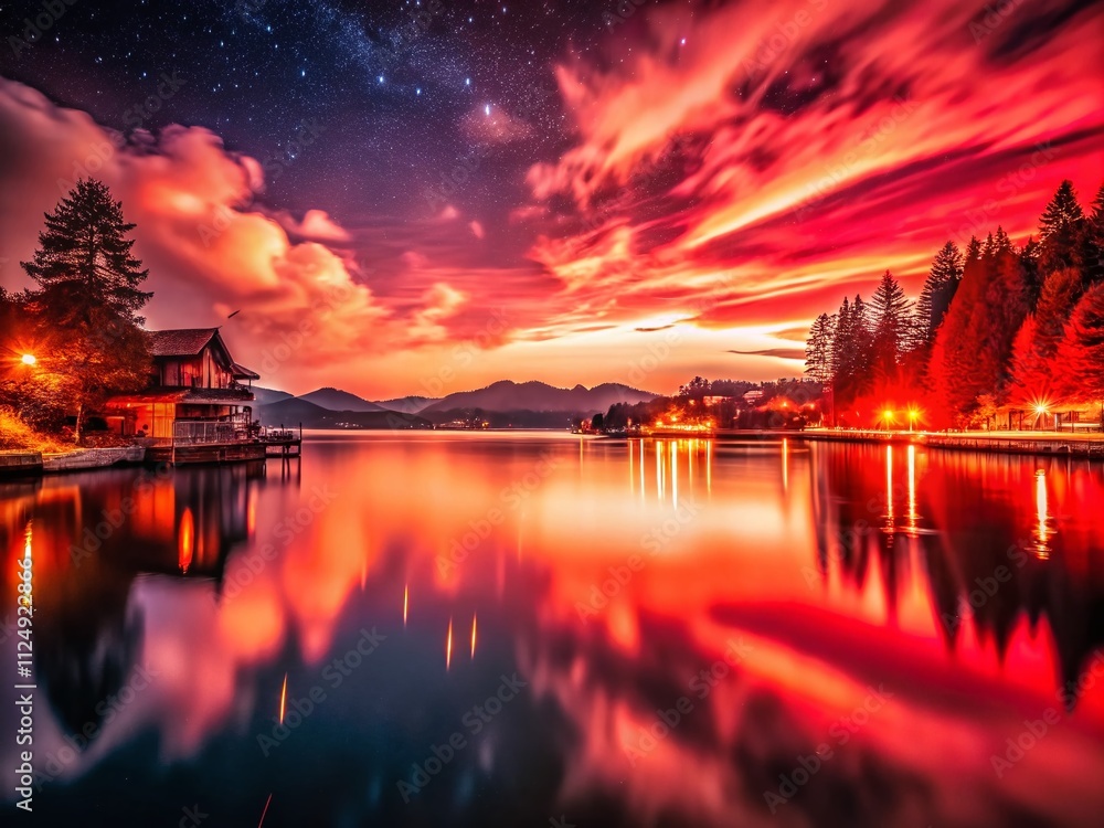 Poster captivating night photography with a striking red gradient background, perfect for artistic displays