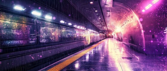 A Stunning Futuristic Metro Station in a Cyberpunk City with Vibrant Neon Lights and Rainwater Dripping from the Ceiling, Captured in Gigapixel Detail