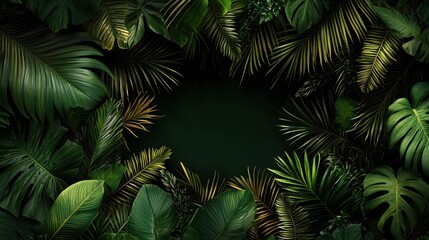Lush Tropical Foliage Surrounding Dark Background with Vibrant Green Leaves and Texture