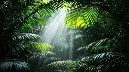 Lush Green Tropical Jungle with Sunlight Shining Through Dense Foliage and Palm Leaves