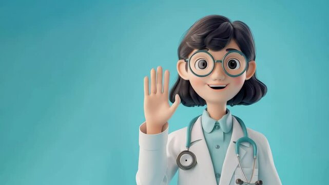3D style cute cartoon character of a welcoming female doctor waving