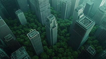 Obraz premium Urban Jungle Overview with Skyscrapers Surrounded by Lush Green Trees and Foliage