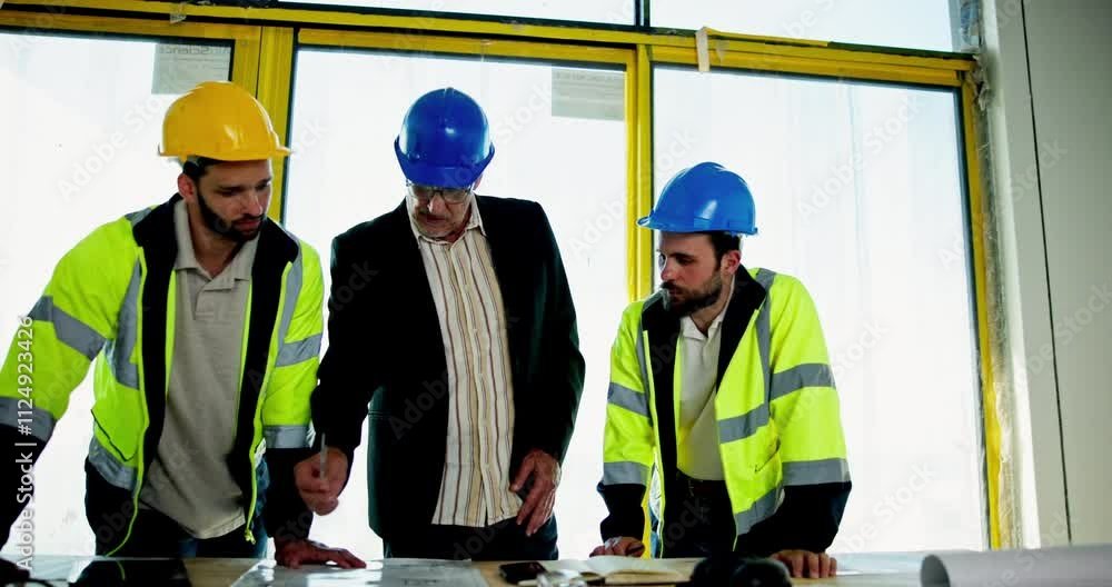 Aufkleber Meeting, engineering and construction team on site with blueprint for building maintenance. Discussion, planning and group of civil employees work on architecture project for property development.