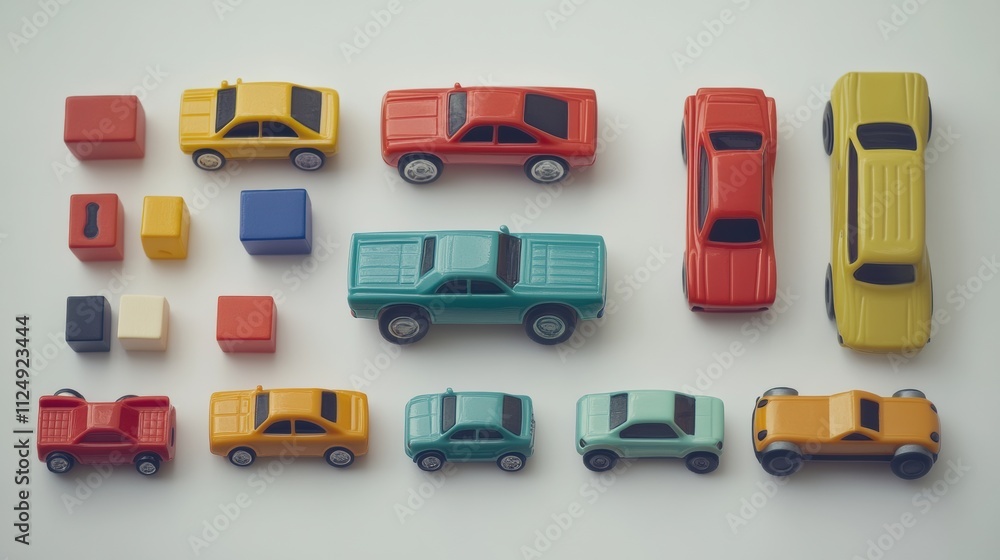 Poster bright toy cars, blocks, and dolls are neatly organized on a white background, creating a playful at