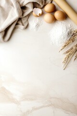 Baking background on white stone table, flour, sugar, eggs, rolling pin, towel, top view, copy space