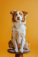 Adorable brown and white dog sitting on a stool with a vibrant orange background, perfect for pet photography, modern and playful style