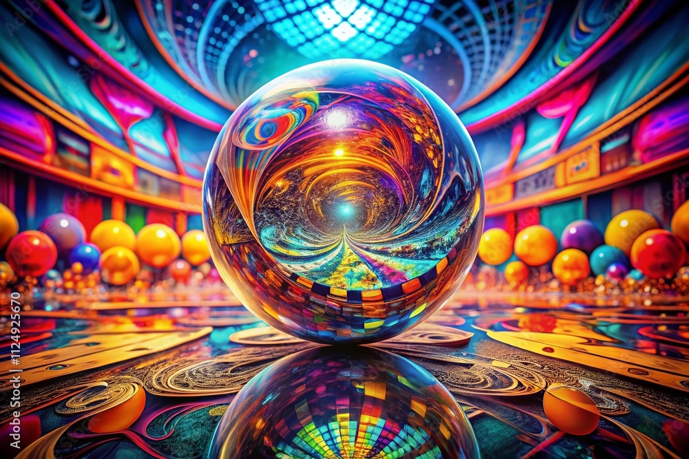 Poster captivating panoramic photography of a 3d sphere surrounded by mesmerizing abstract patterns and vib