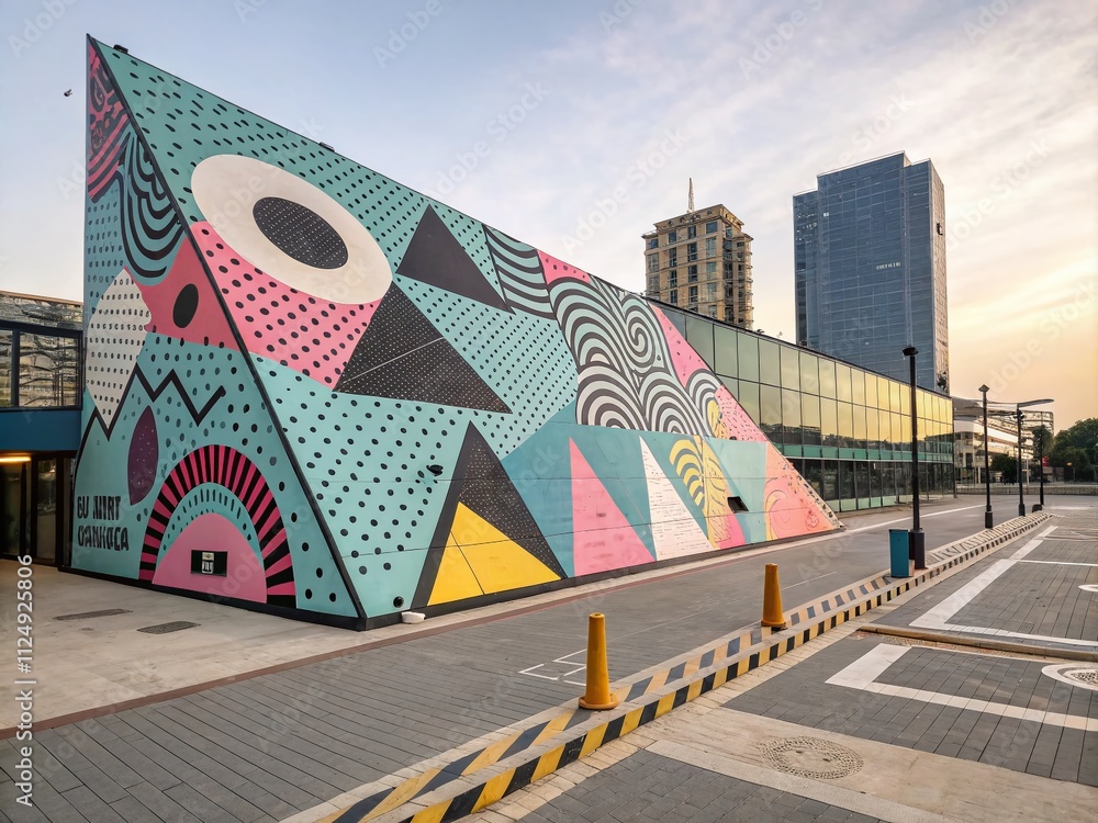 Poster captivating panoramic photography of geometric memphis patterns showcasing vibrant colors and unique