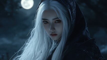 An Asian woman assassin with long white hair and a dark hood his eyes glistening with focus, background wallpaper AI generated image