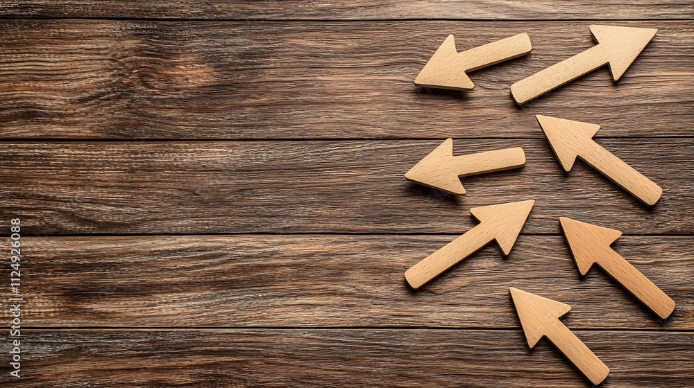 Poster arrows pointing towards multiple directions on wooden surface symbolizing choices and decisions