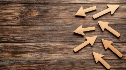 Arrows Pointing Towards Multiple Directions on Wooden Surface Symbolizing Choices and Decisions