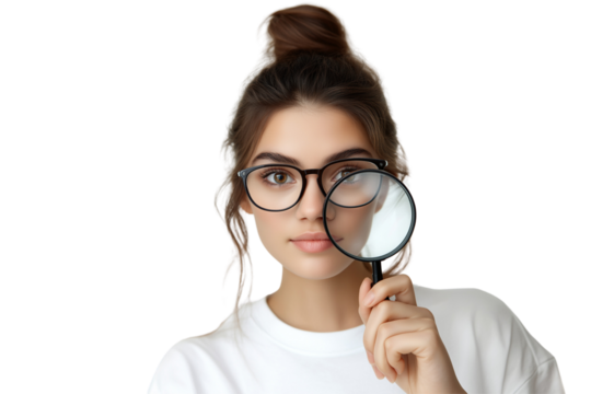 Woman looking through magnifying glass amazed and impressed.