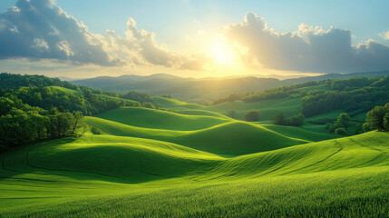 Fototapeta premium Seasonal summer background of golden sunlight pouring over rolling green hills