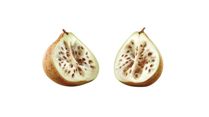 Cherimoya with smooth, creamy flesh, a realistic, textured pit, showing fresh ripeness and health appeal, isolated on a white background
