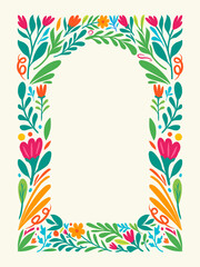 Colorful floral frame design with vibrant hand drawn leaves, flowers, and swirls, perfect for invitations, greeting cards, or posters. A cheerful and decorative border with nature-inspired elements