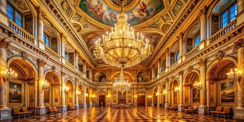 Obraz premium Captivating Panoramic View of an Ornate Gold Chandelier Hanging Elegantly in a Grand Hall, Showcasing Luxurious Décor and Architectural Splendor of an Opulent Venue