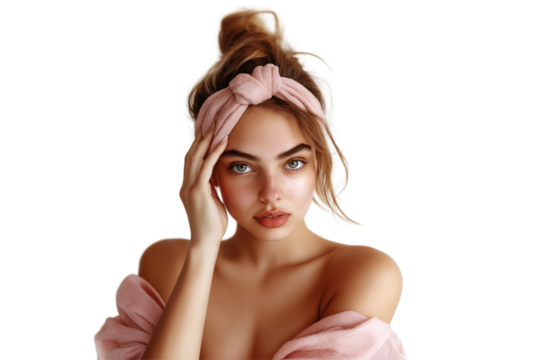 Young woman suffering from headache, isolated on white background.