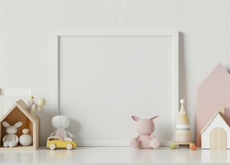 Blank white frame mockup on white shelf with cute toys