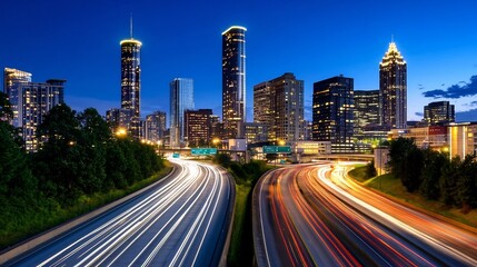 Fototapeta premium Bustling Nighttime Cityscape with Illuminating Highway and Skyscrapers
