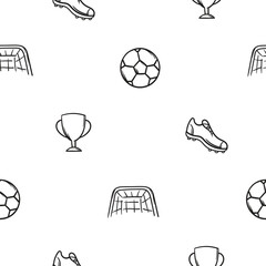 Simple black and white seamless pattern with ball, soccer goal, sneakers and cup. Vector background with sports and sports equipment for decoration, wrapping paper, print