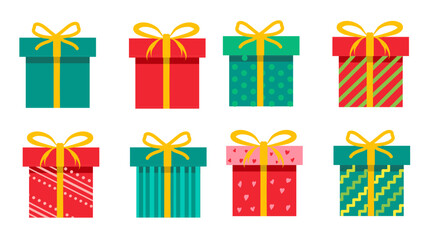 Colorful flat style gift box icons set. Perfect for holiday themes, Christmas designs, birthdays, or celebratory projects.