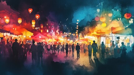 Watercolor painting of a vibrant night market.