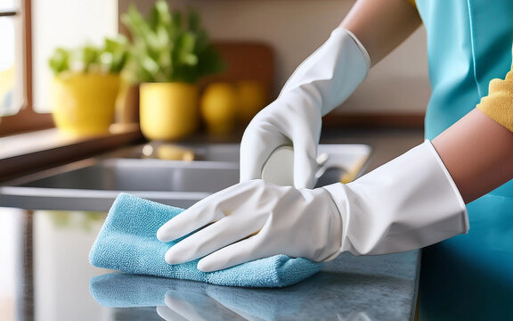 manos de mujer hace limpieza de una cocina